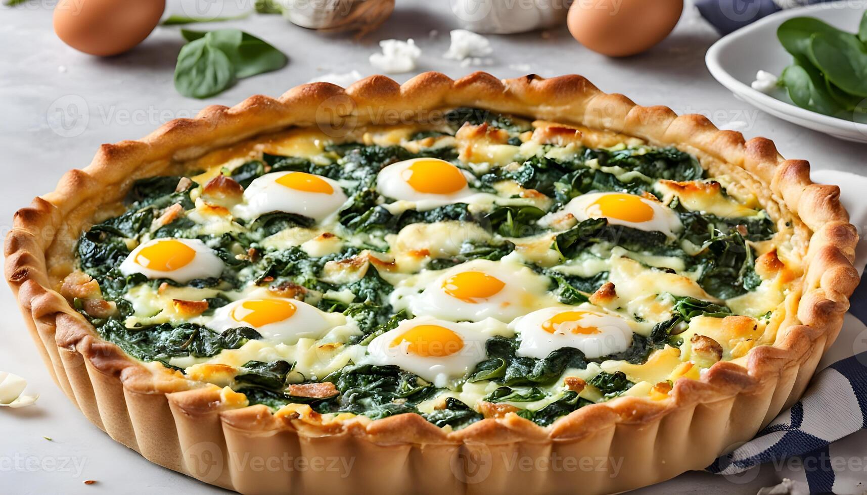 Homemade Feta Spinach Quiche Tart with Eggs and Onion photo