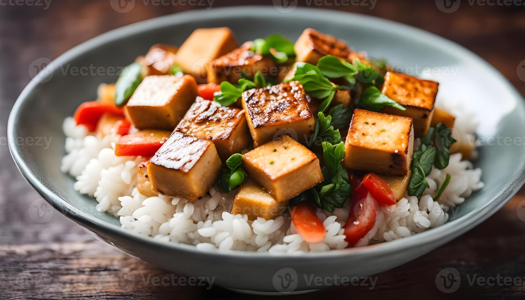 Tofu with white rice, stir fry tofu meat in bowl. Healthy vegan foods photo