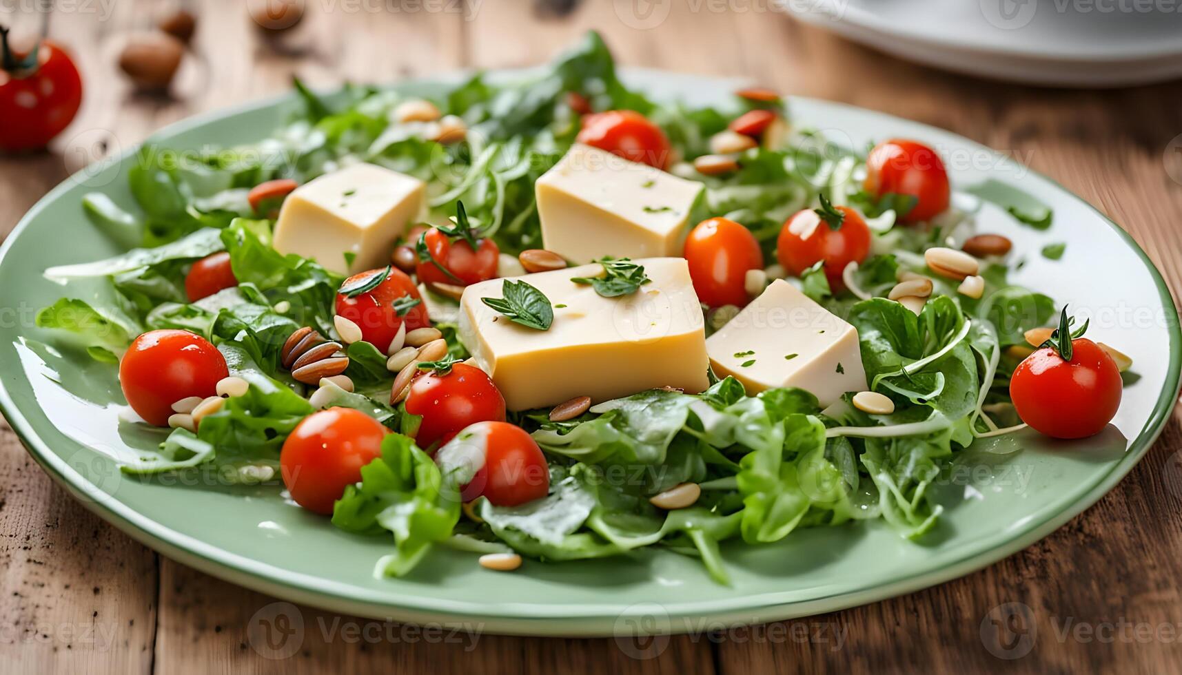 Salad from cherry tomatoes and thin slices of cheese. Seasonal greens and pine nuts in a light green plate. On a wooden board is brown. photo