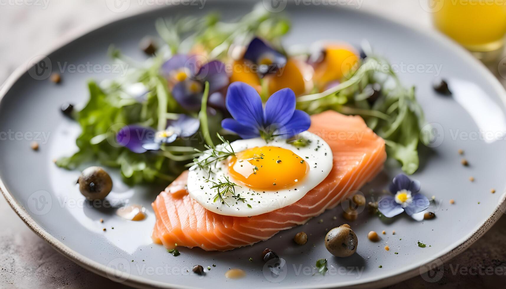 Smoked salmon and jammy soft-boiled free range egg and capers salad with edible borage and pansy flowers. photo