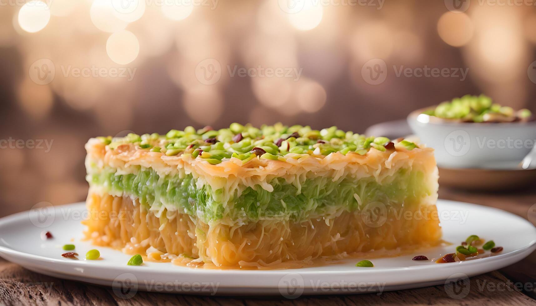 Arabic Kunafa or Baklava topped with chopped pistachio served in plate isolated on wooden table side view of arabic and turkish dessert photo
