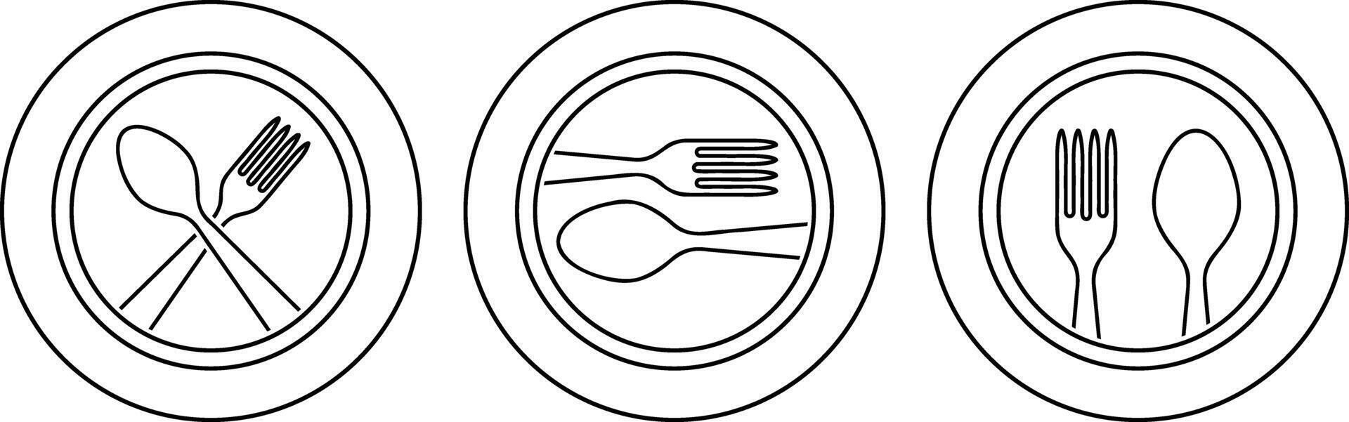 Outline cutlery fork spoon plate set isolated Food clipart vector