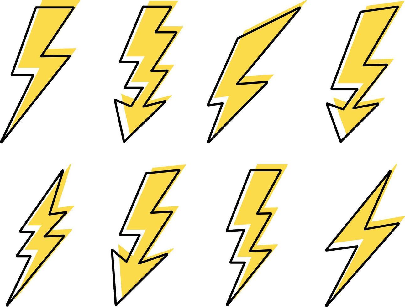 Doodle yellow lightning set icon. Thunder charging power for electricity and batteries. Hand drawn light collection vector