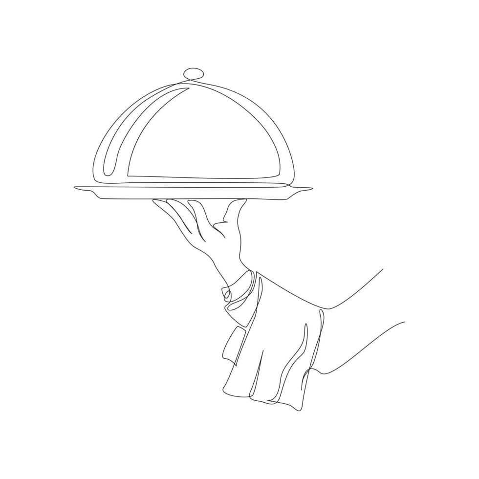 One line continuous waiter with tray closed lid restaurant concept vector