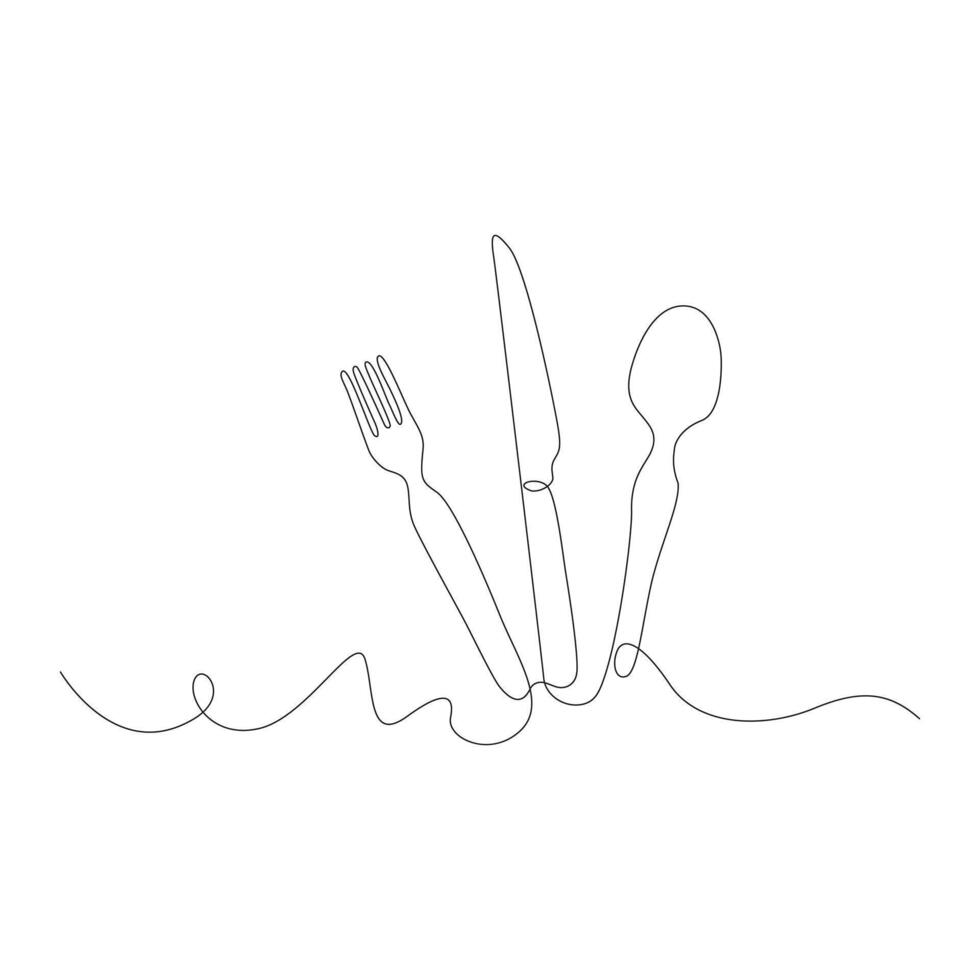 Continuous One Line Drawing. Spoons, Forks, Knife, Eating Utensils illustration vector