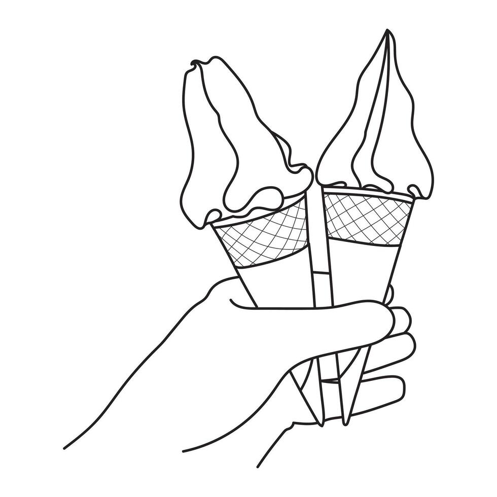 Line drawing hand holding ice cream cone. Ice cream cone line art vector
