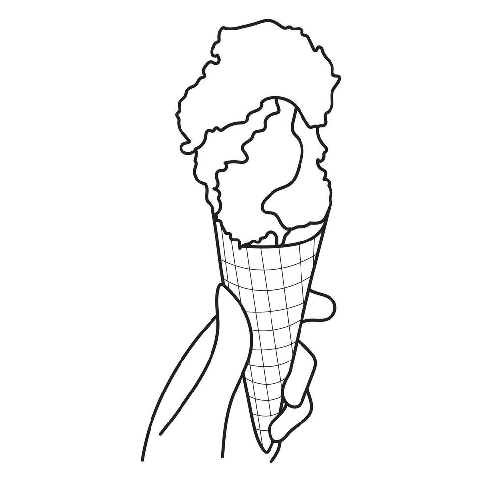 Line drawing of hand holding ice cream cone. vector