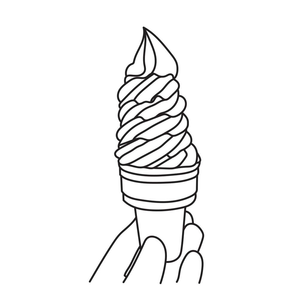 Line drawing of hand holding ice cream cone. Ice cream line art vector