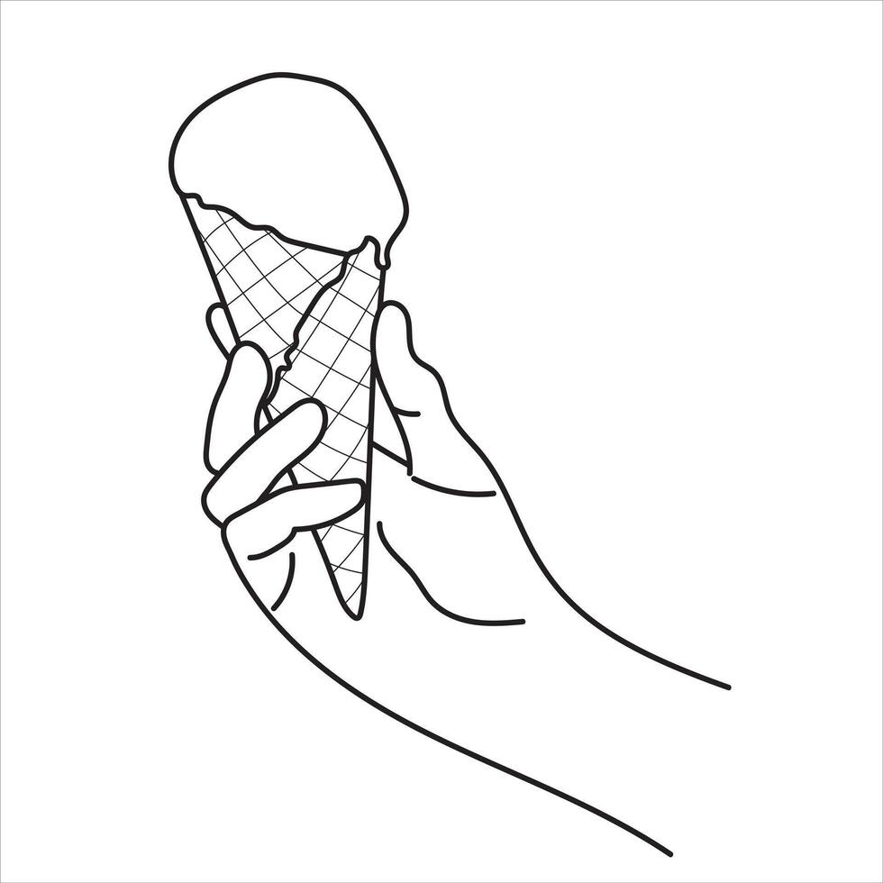 Line art of Hand holding a delicious ice cream cone Illustration design vector
