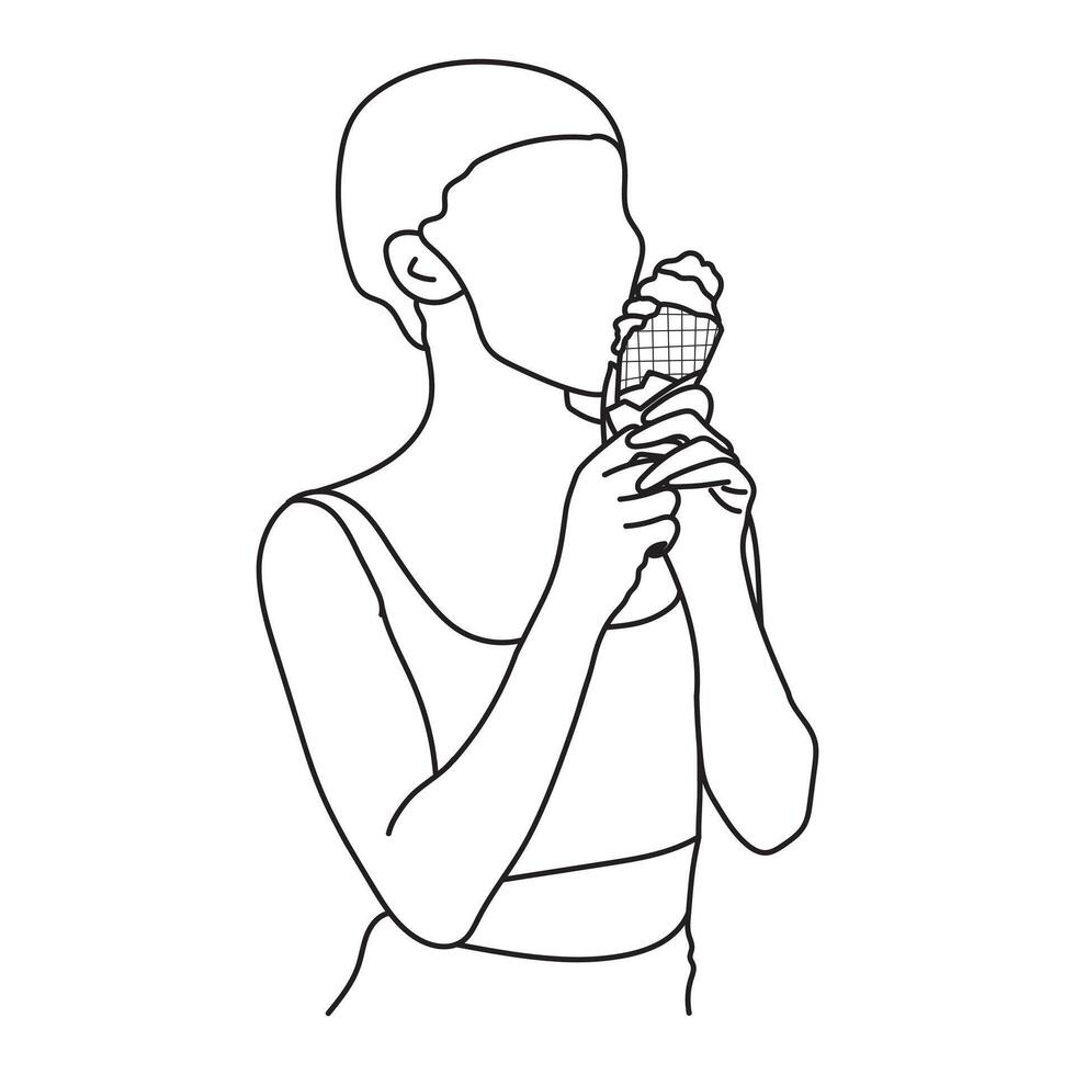 Line art of a girl enjoying an ice cream cone illustration vector