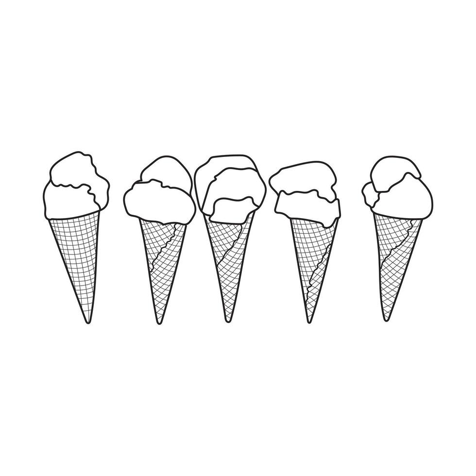 Line art illustration of five ice cream cones with scoops of ice cream vector