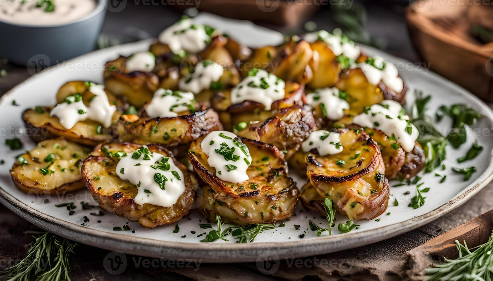 Crispy smashed potatoes with herbs and garlic mayo sauce photo