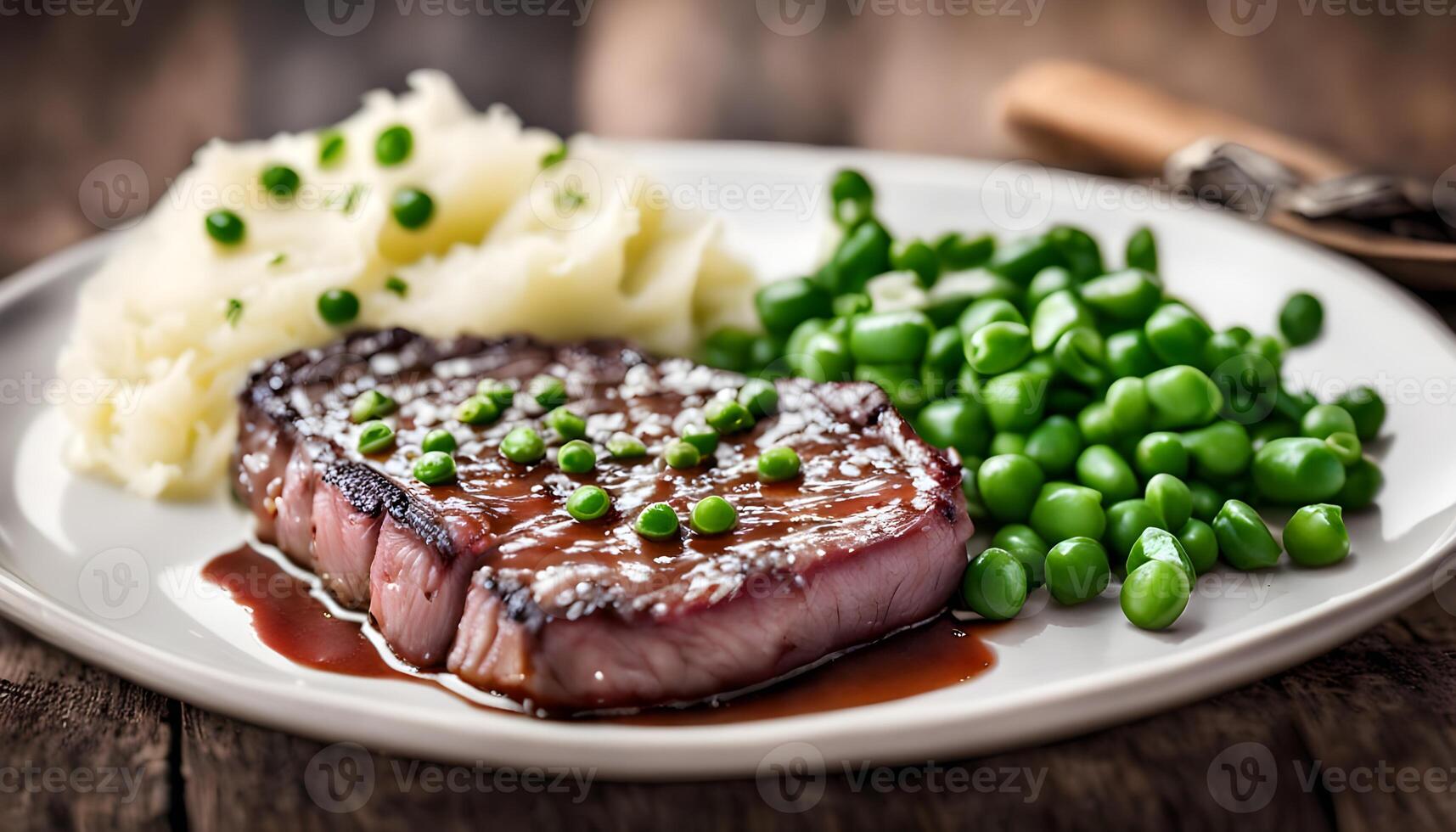 Rare beef steak with mashed potatoes, green peas. photo