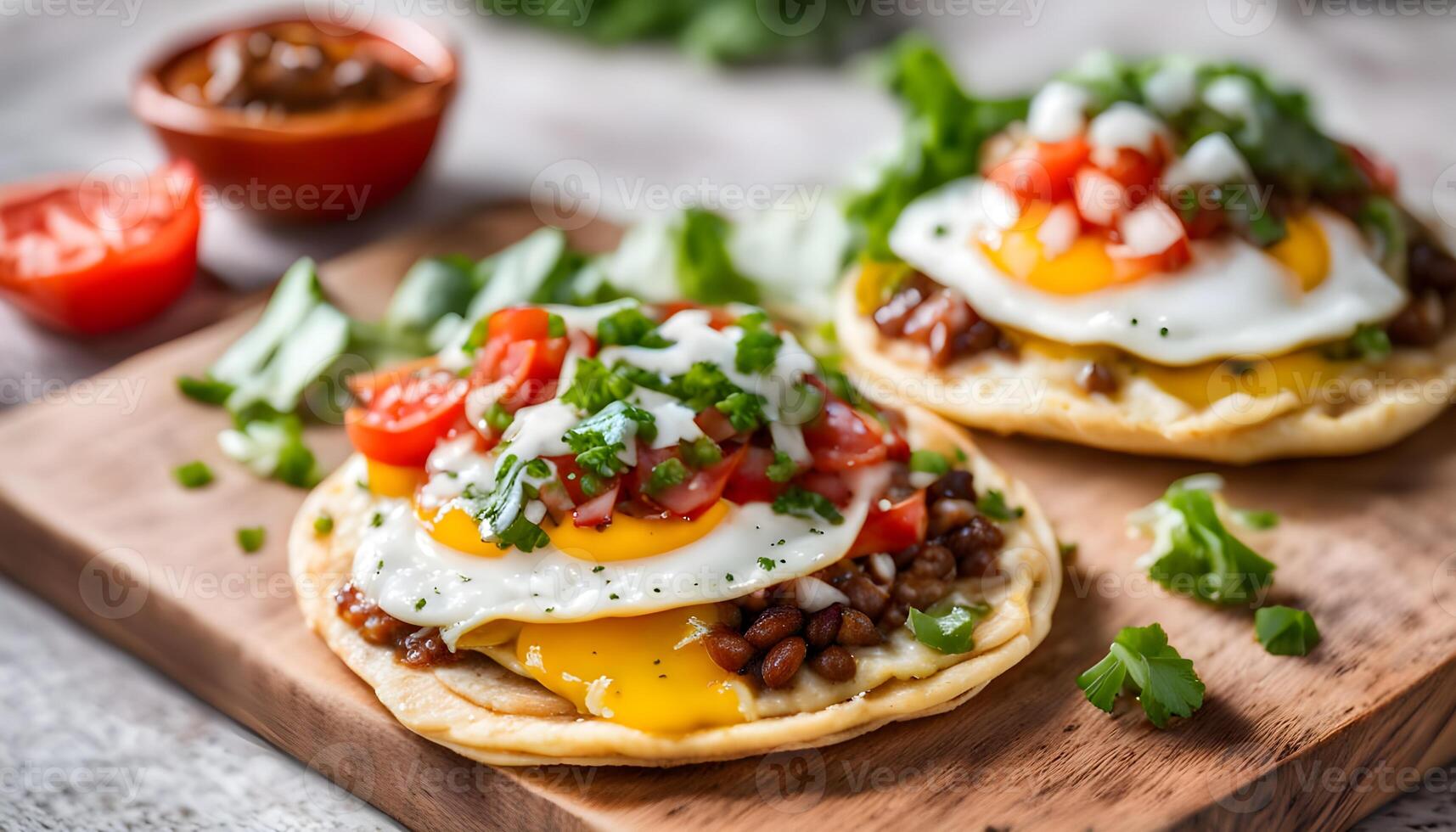 Huevos Rancheros tostadas with fried egg, tomato salsa, bean paste and cheese on wooden board photo