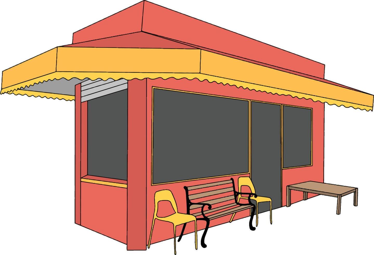 small bodega cafe Red Kiosk with Seating illustration vector