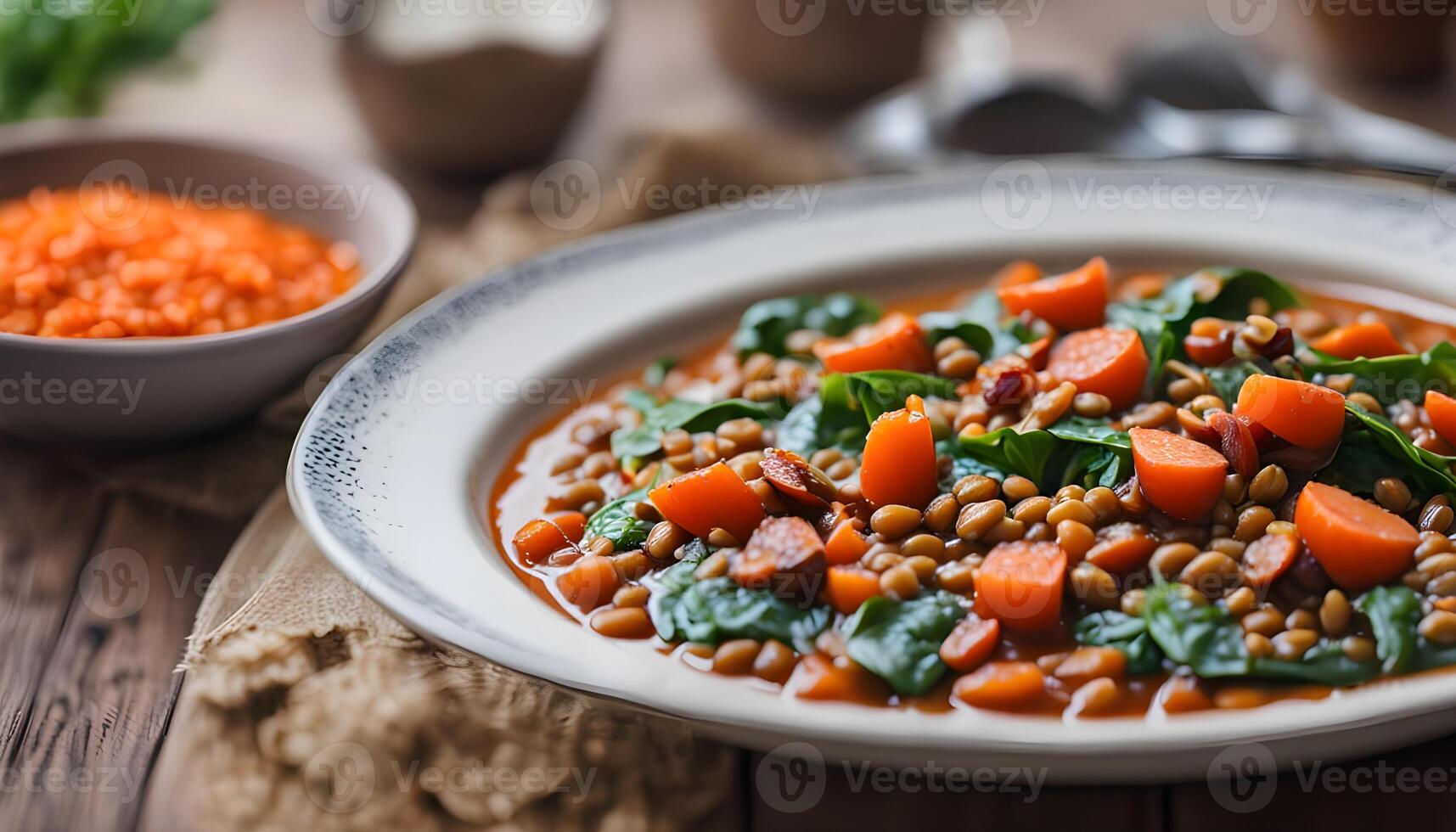 Lentil stew with chorizo, spinach and carrot. Top view table with decorations. photo