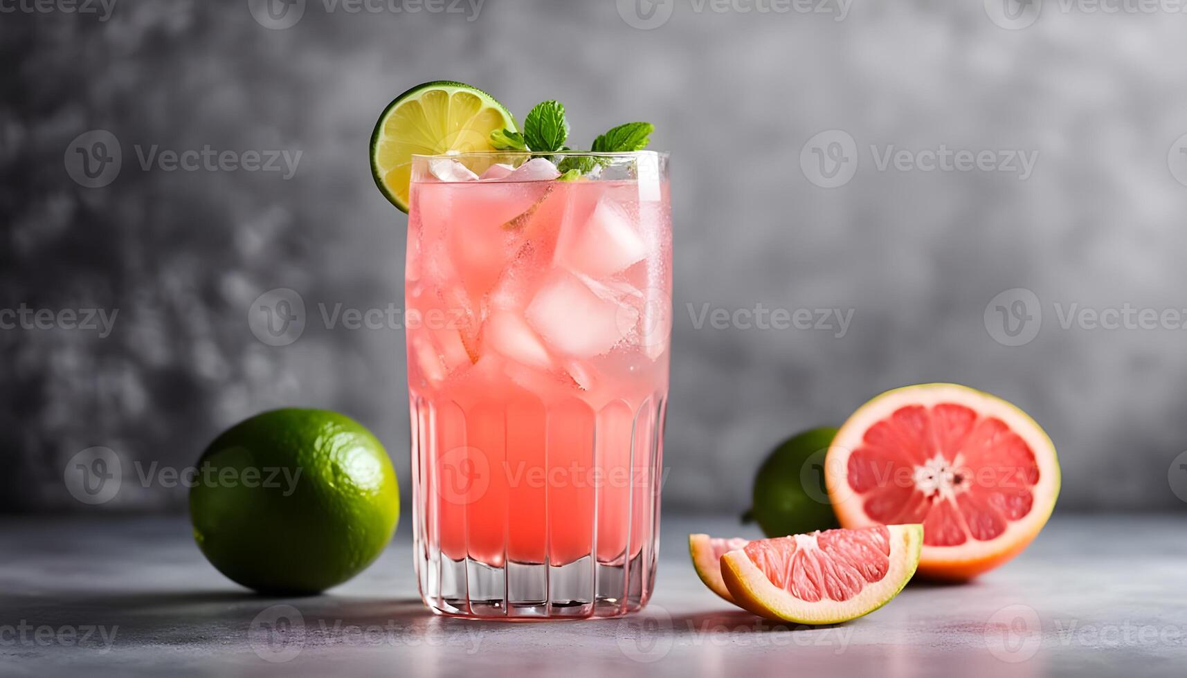Cold pink cocktail with fresh grapefruit, lime and ice cubes on concrete background, paloma, copy space photo
