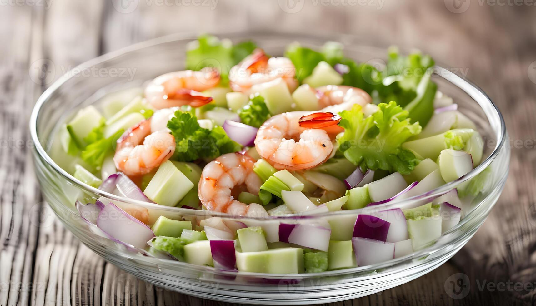 Shrimp, celery and red onion salad in a glass bowl, horizontal, copy space photo