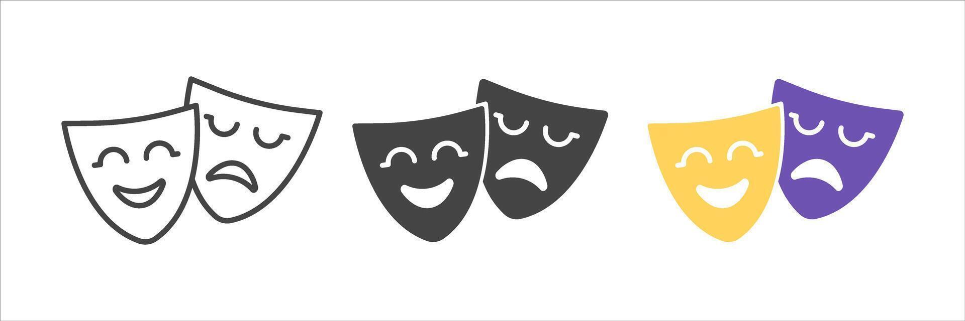 Set of Theater Masks Icon. Drama and Comedy Emotions Symbols. Masquerade, Festive, Performance Emblem vector