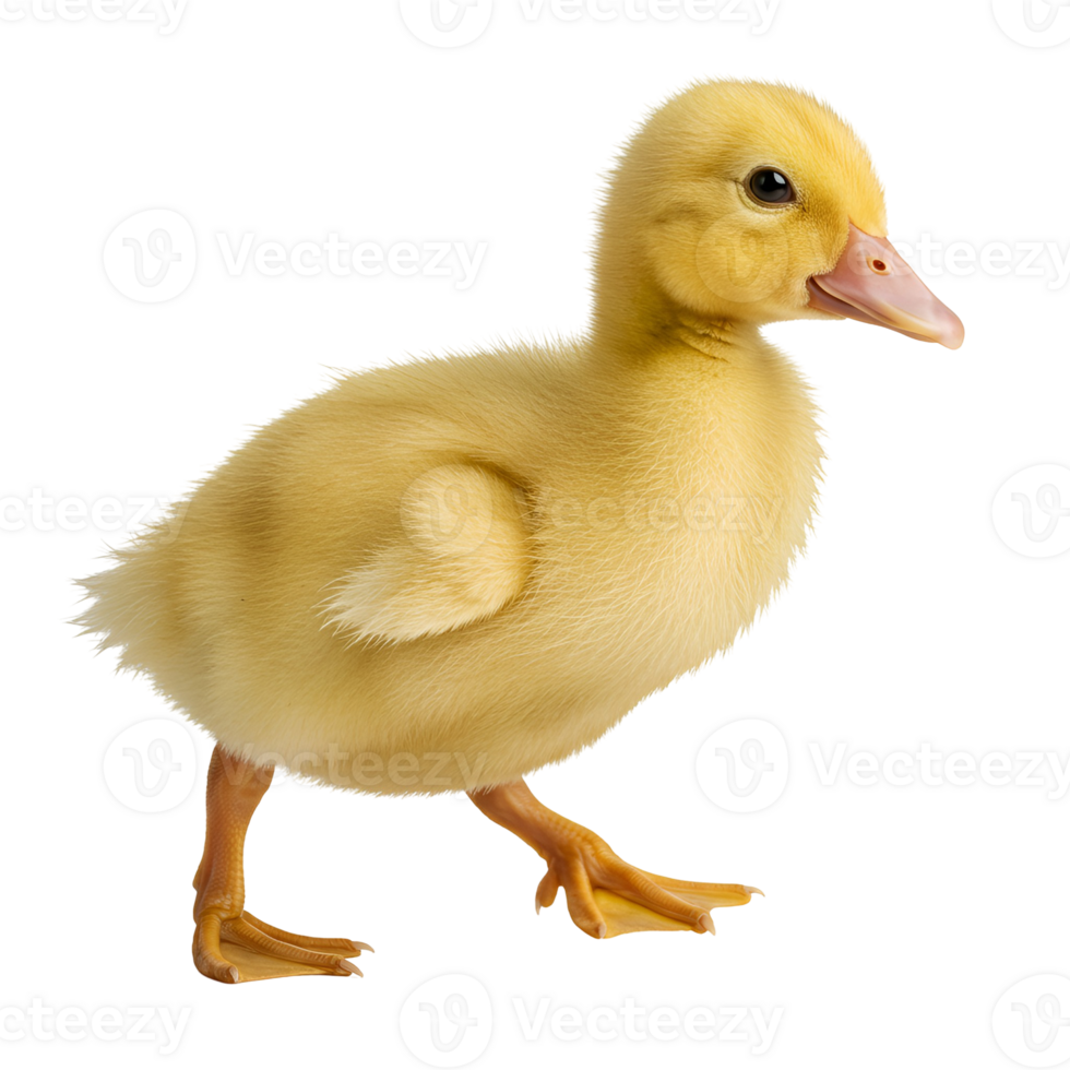 A vibrant yellow duckling is walking on its orange feet against a plain transparent area space here transparent background png