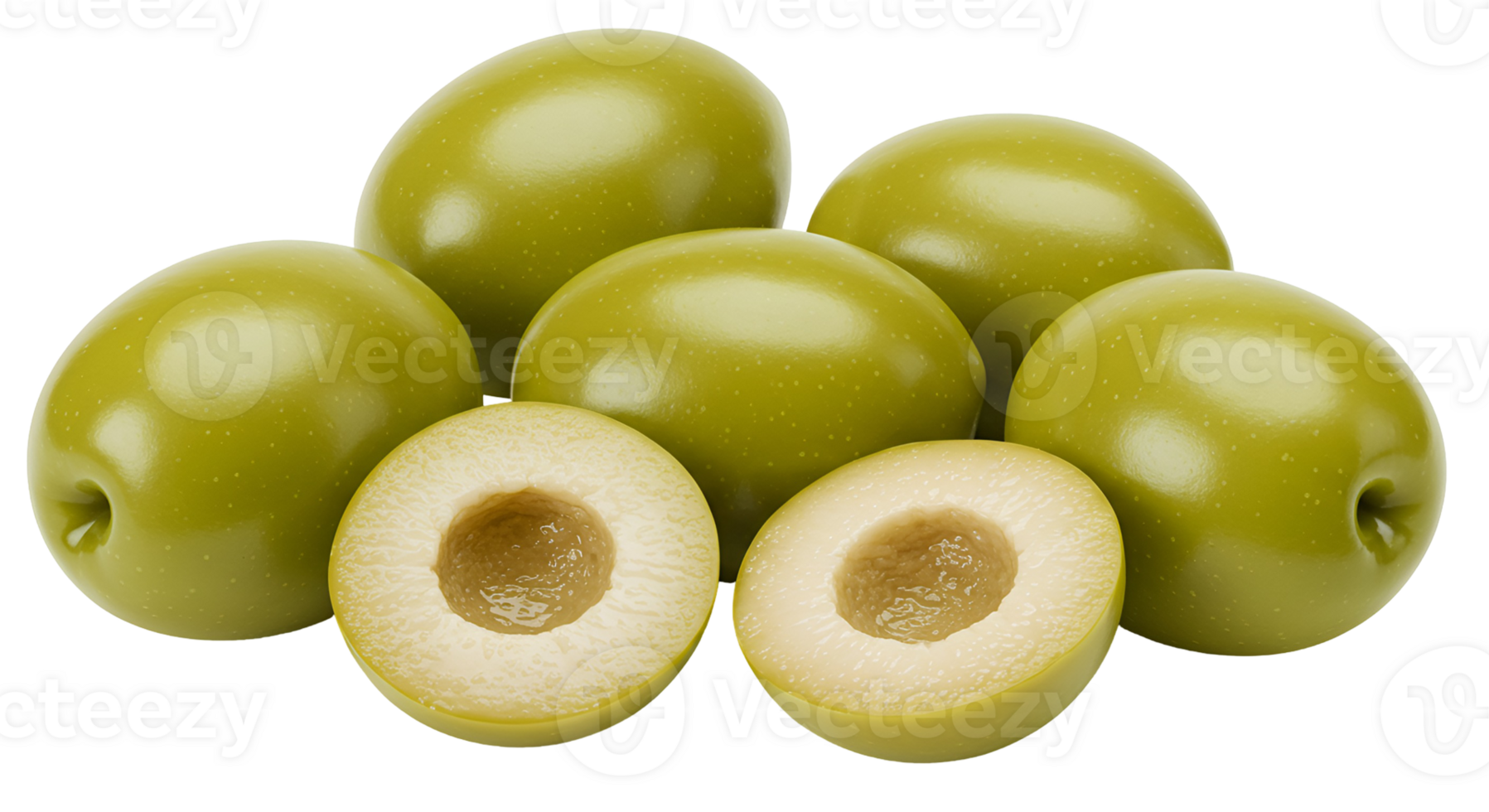 A pile of several green olives with one olive cut in half showing the inside texture clearly visible transparent background png