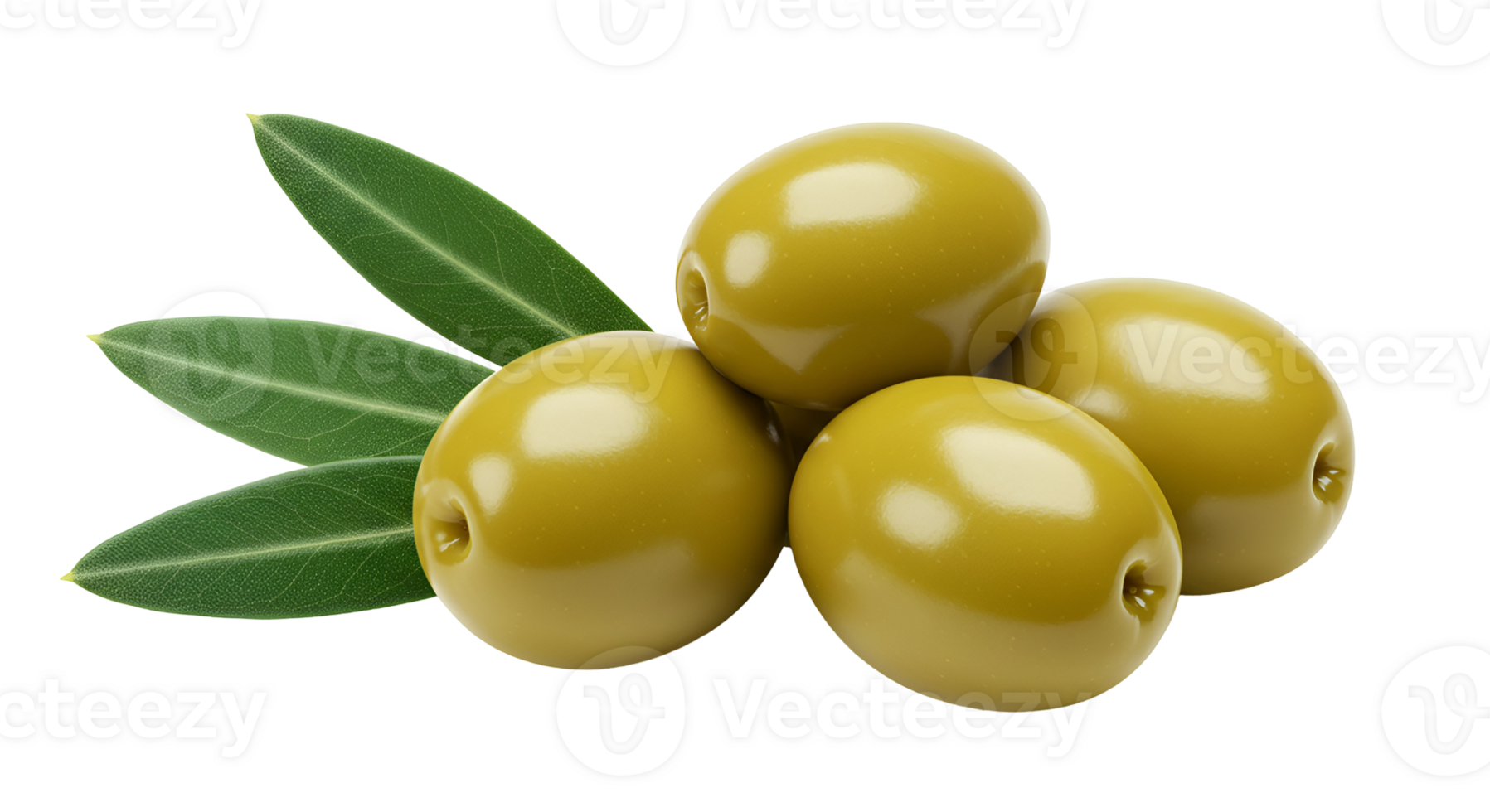 A close up view of a small pile of green olives with leaves on an isolated simple background transparent background png