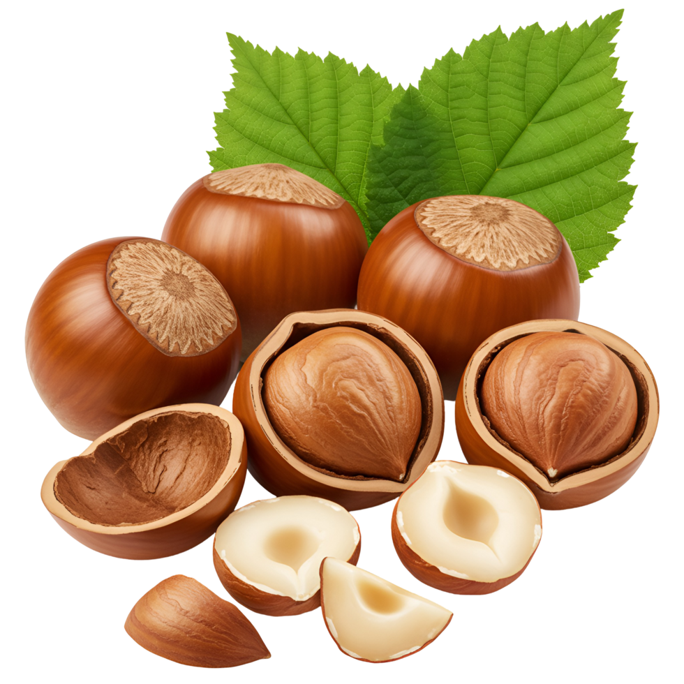 A group of hazelnuts with shells and without shells with green leaves on an isolated background transparent background png
