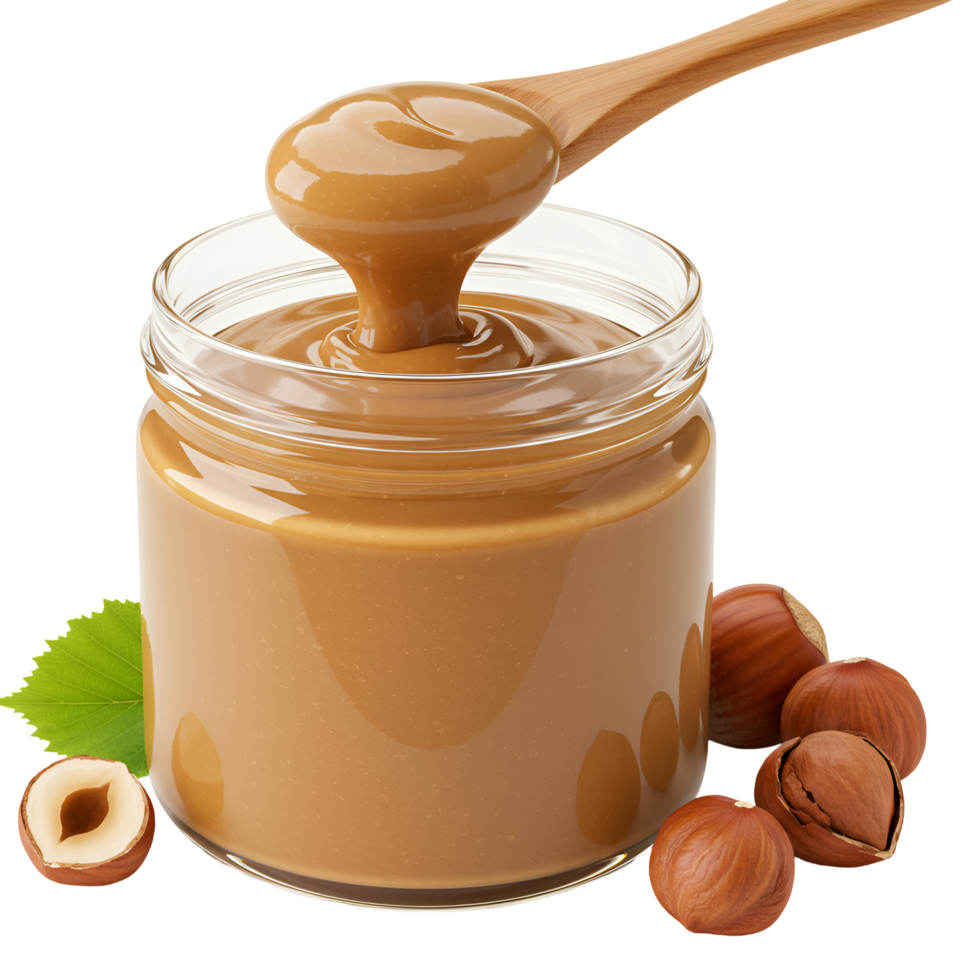 A jar of hazelnut spread with a wooden spoon and some hazelnuts on a plain surface showing texture transparent background png