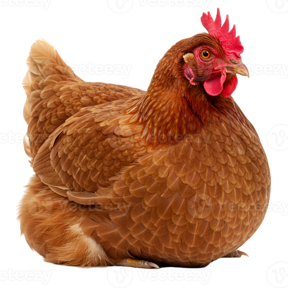 A hen with reddish plumage is seen resting against a plain backdrop in a studio setting image transparent background png