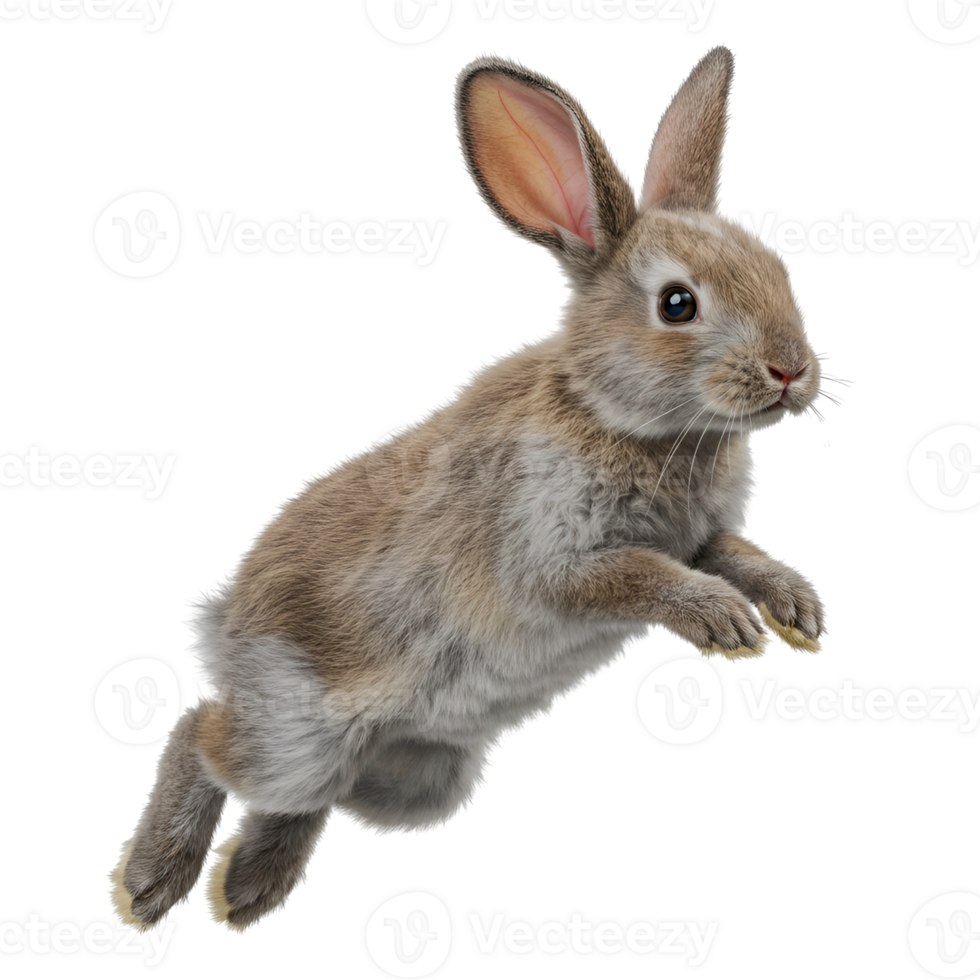 A light brown rabbit mid jump with ears up and paws out on a transparent isolated background image here transparent background png