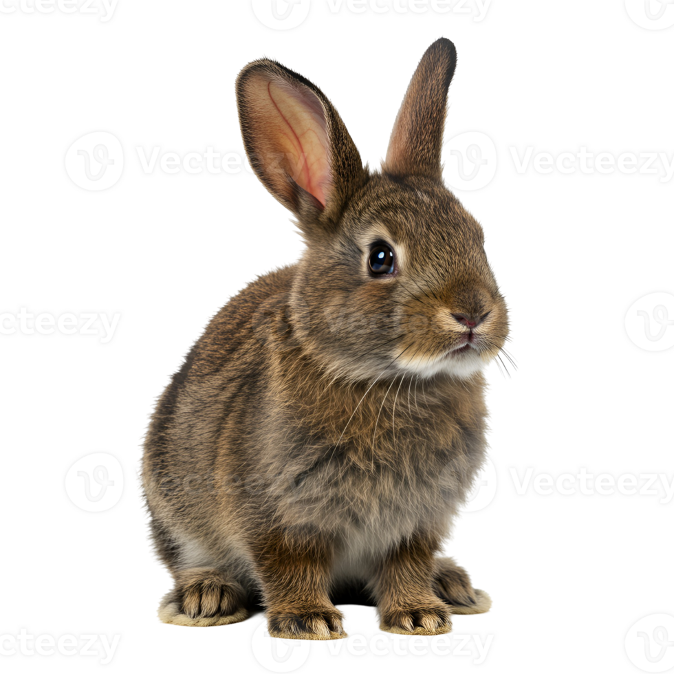 Close up of a sitting brown rabbit with long ears against a plain transparent area view facing forward transparent background png