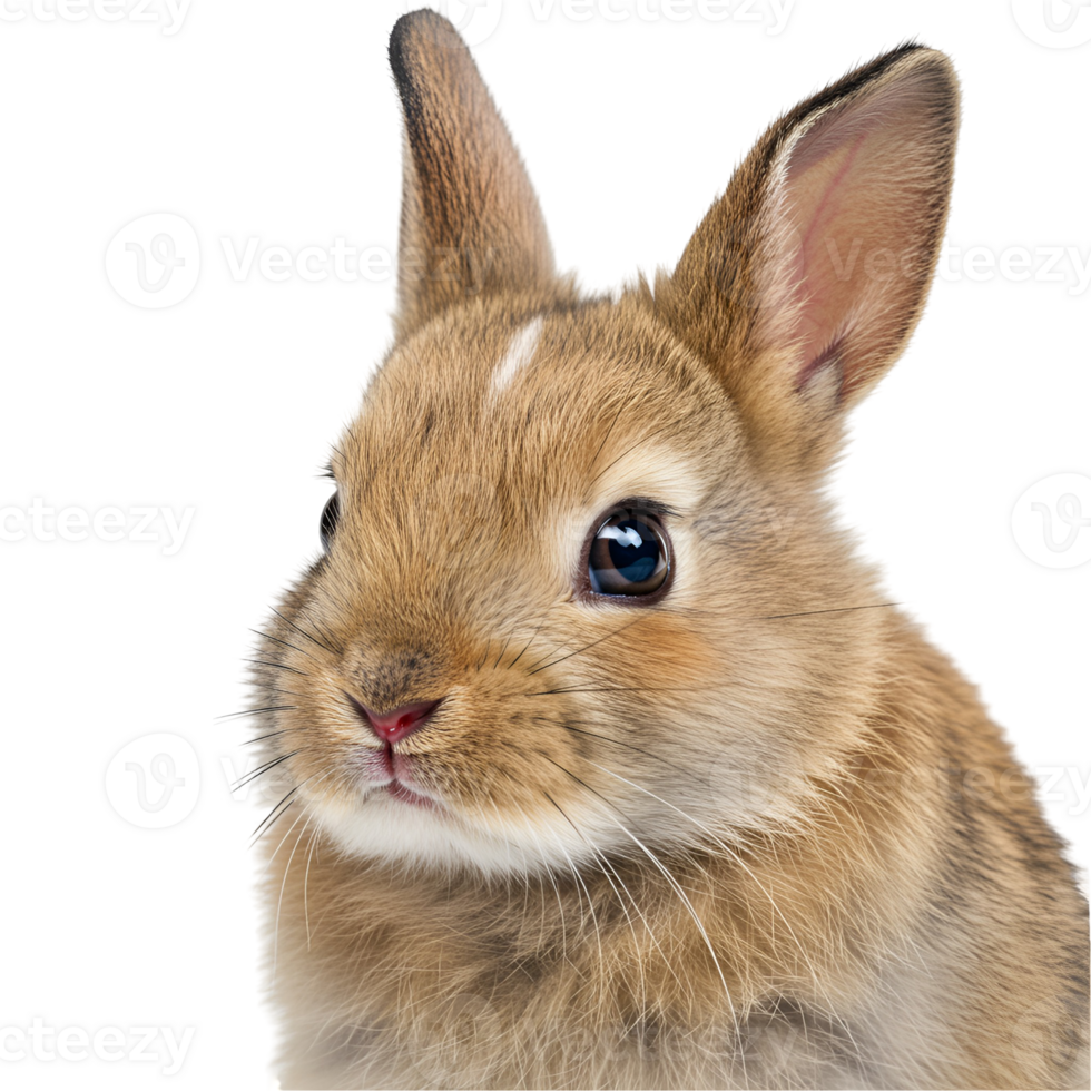 A close up portrait of a light brown rabbit with long ears and a pink nose looking to the side transparent background png