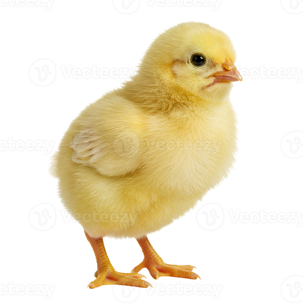 A small fluffy yellow chick standing upright and looking to the side on a solid color background plain transparent background png