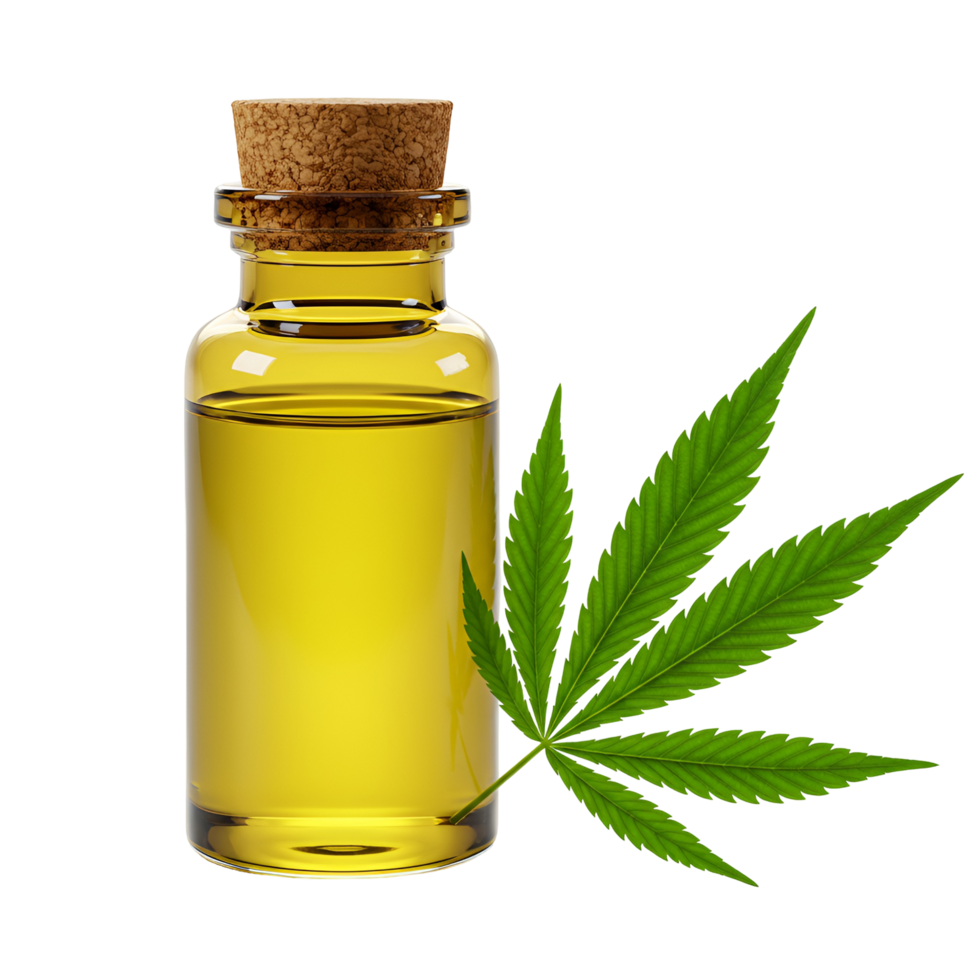 Glass bottle with yellow liquid and a cork stopper next to a green leaf on a plain background transparent background png