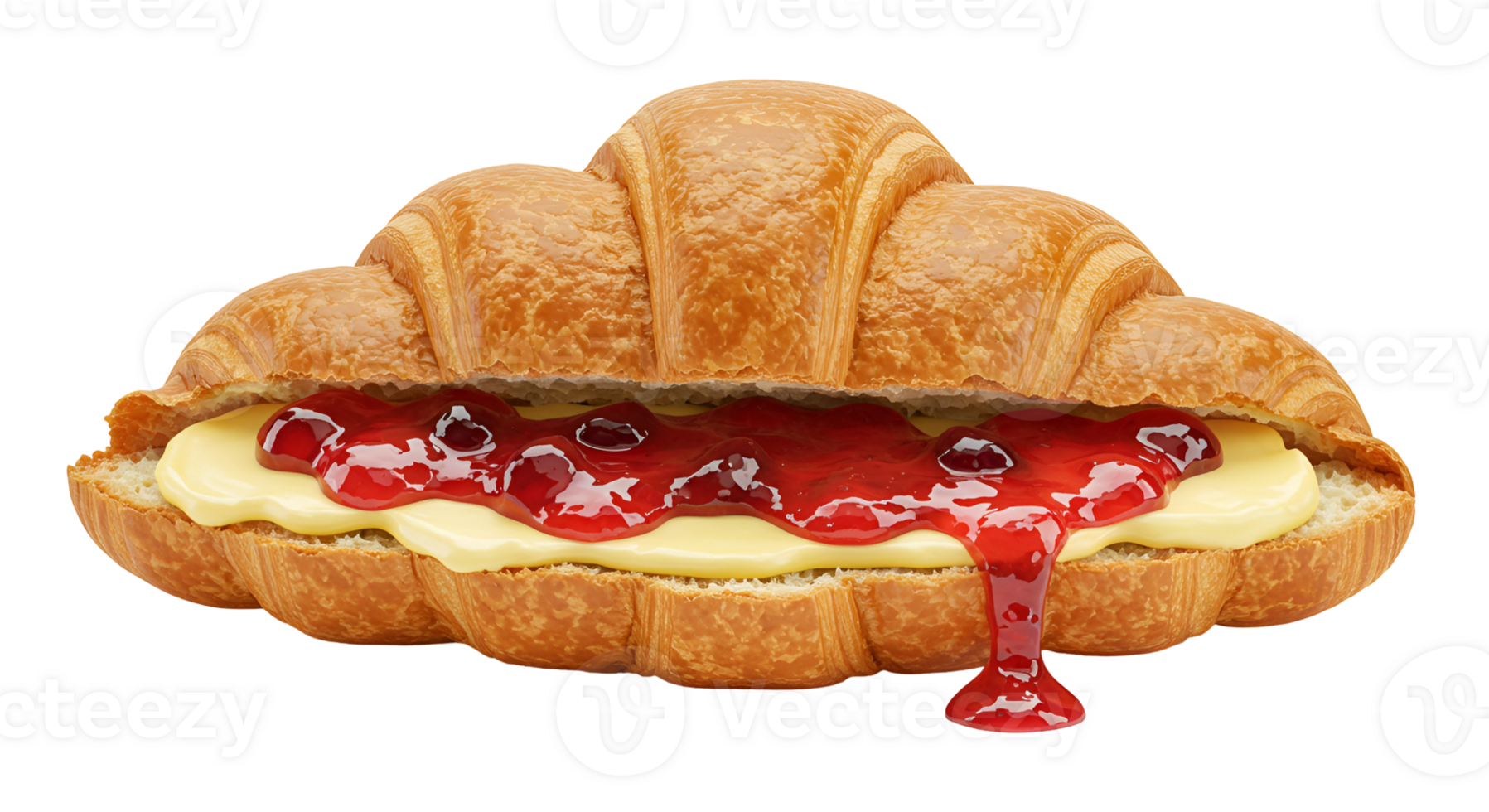 A croissant filled with cream and red jam dripping on a plain color isolated surface view from the front transparent background png