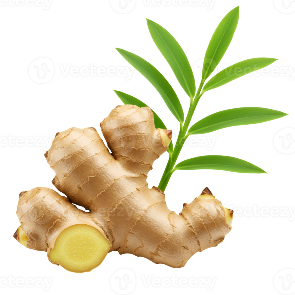 Close up of ginger root with green leaves isolated in a studio environment on plain background transparent background png