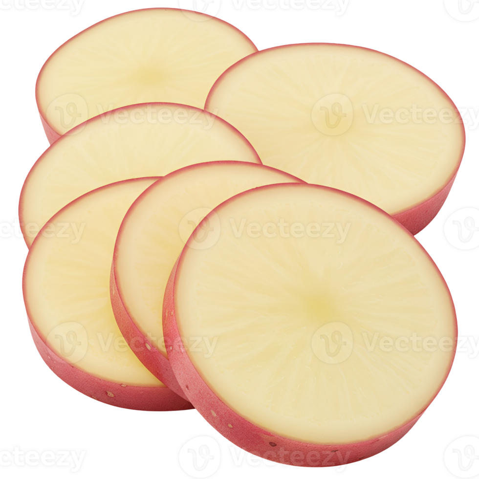 A view of several potato slices with pink skin and light yellow center on a plain surface studio shot transparent background png