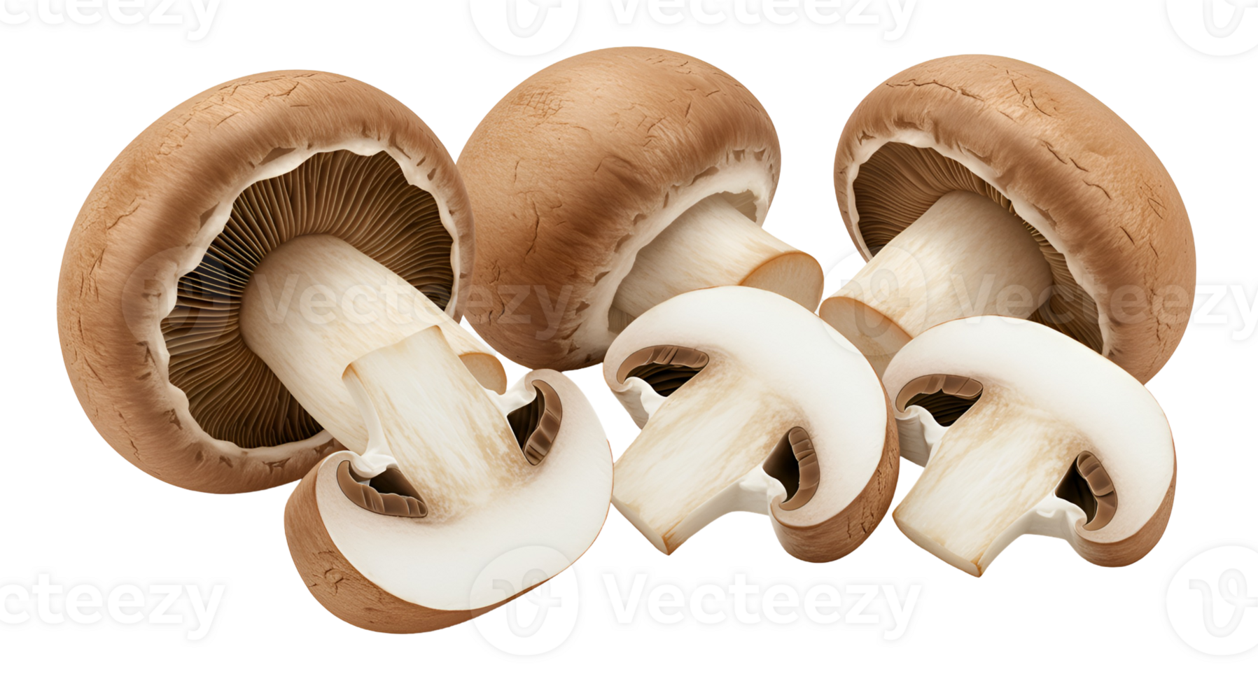 A group of several brown mushrooms including whole and sliced mushrooms on a plain background scene transparent background png