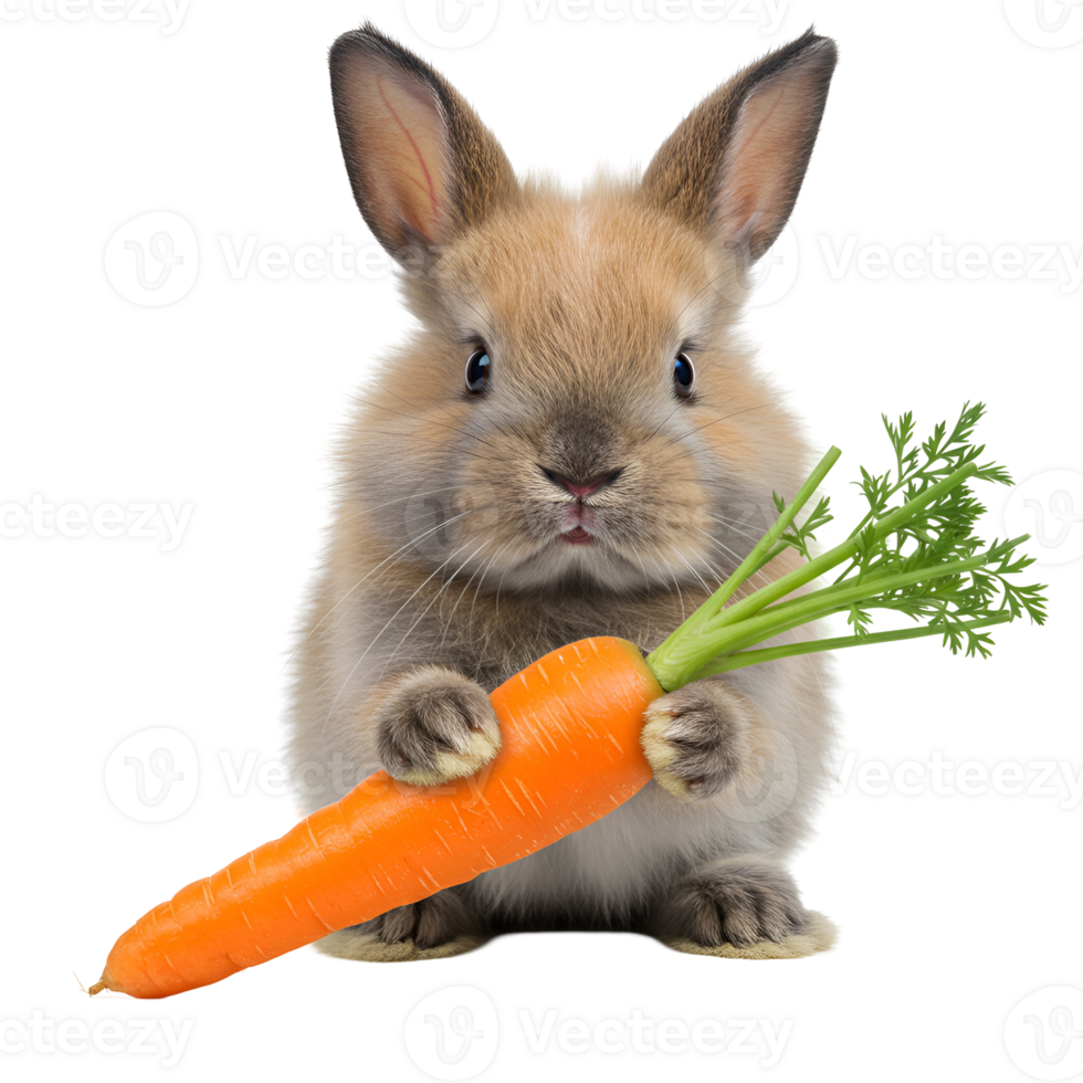 A fluffy bunny holding a bright orange carrot with green leaves on an isolated transparent image view transparent background png