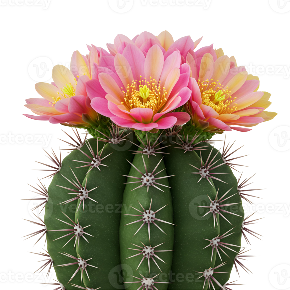 A green cactus with sharp spines topped with several pink and yellow flowers in full bloom on a plane space transparent background png
