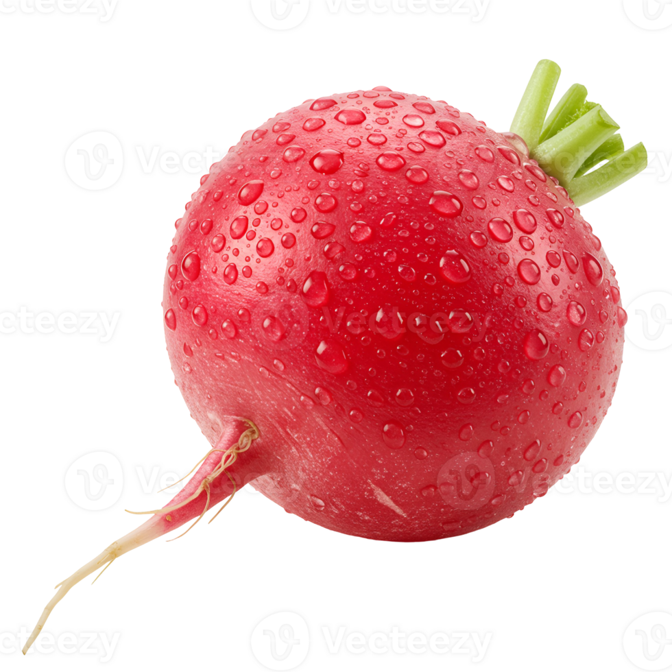 Close up of a vibrant radish with water droplets against a plain simple isolated backdrop view shot transparent background png