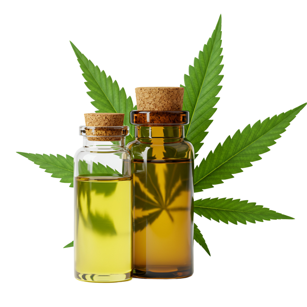 Two bottles of oil with cork stoppers and a hemp leaf behind them on a plain studio setting transparent background png