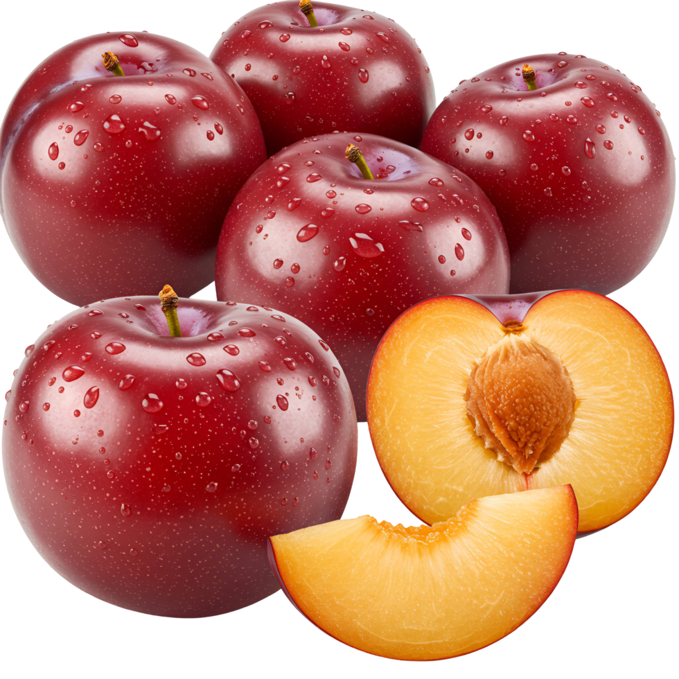 A group of plums with water droplets and one plum cut in half on a transparent surface view from above transparent background png