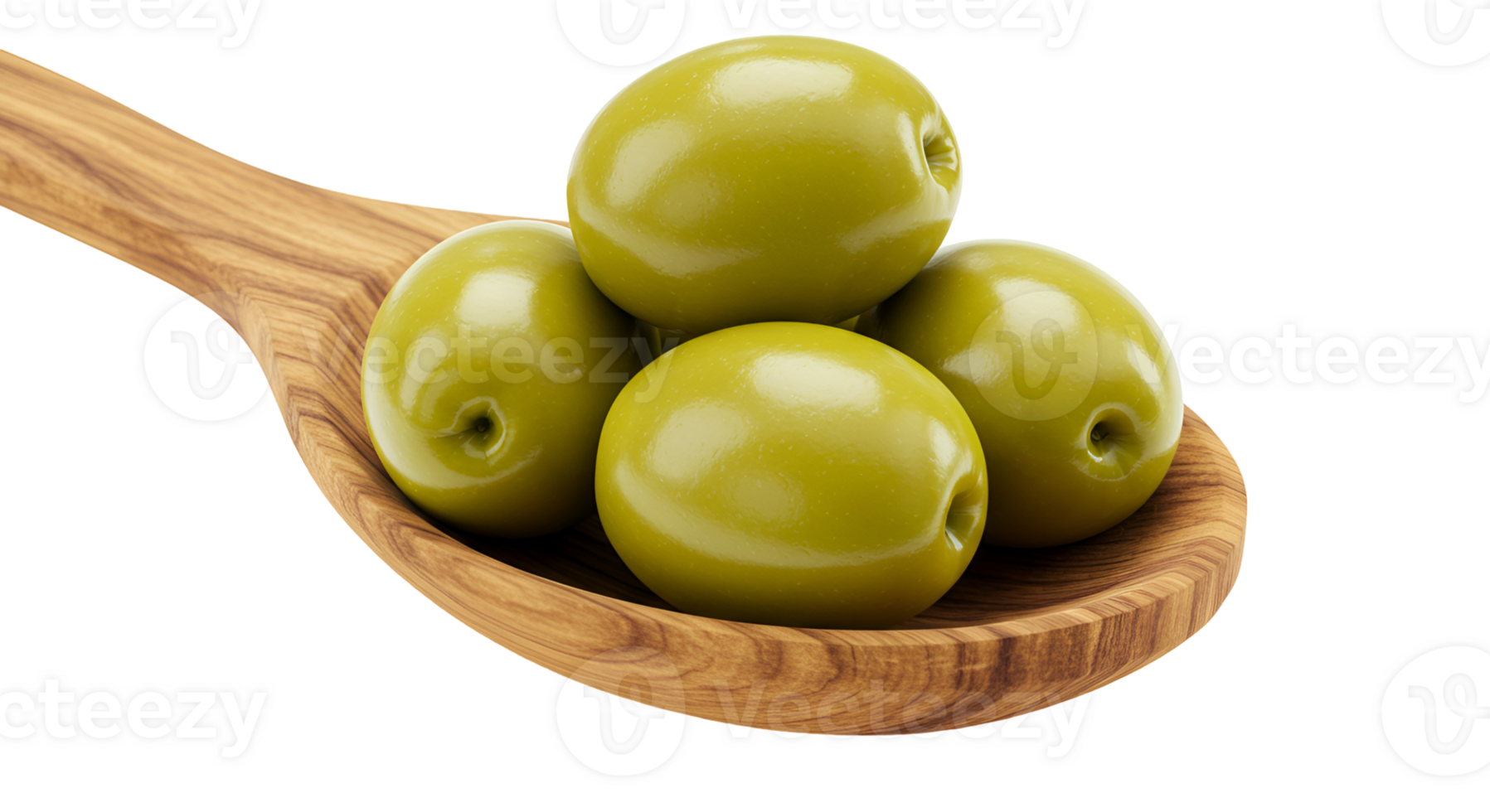 Four green olives piled on a wooden spoon against a plain isolated simple solid color background transparent background png