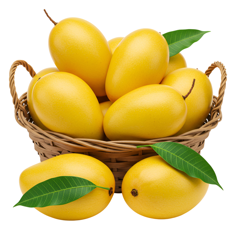 A woven basket filled with several ripe yellow mangos and green leaves on a transparent setting view transparent background png