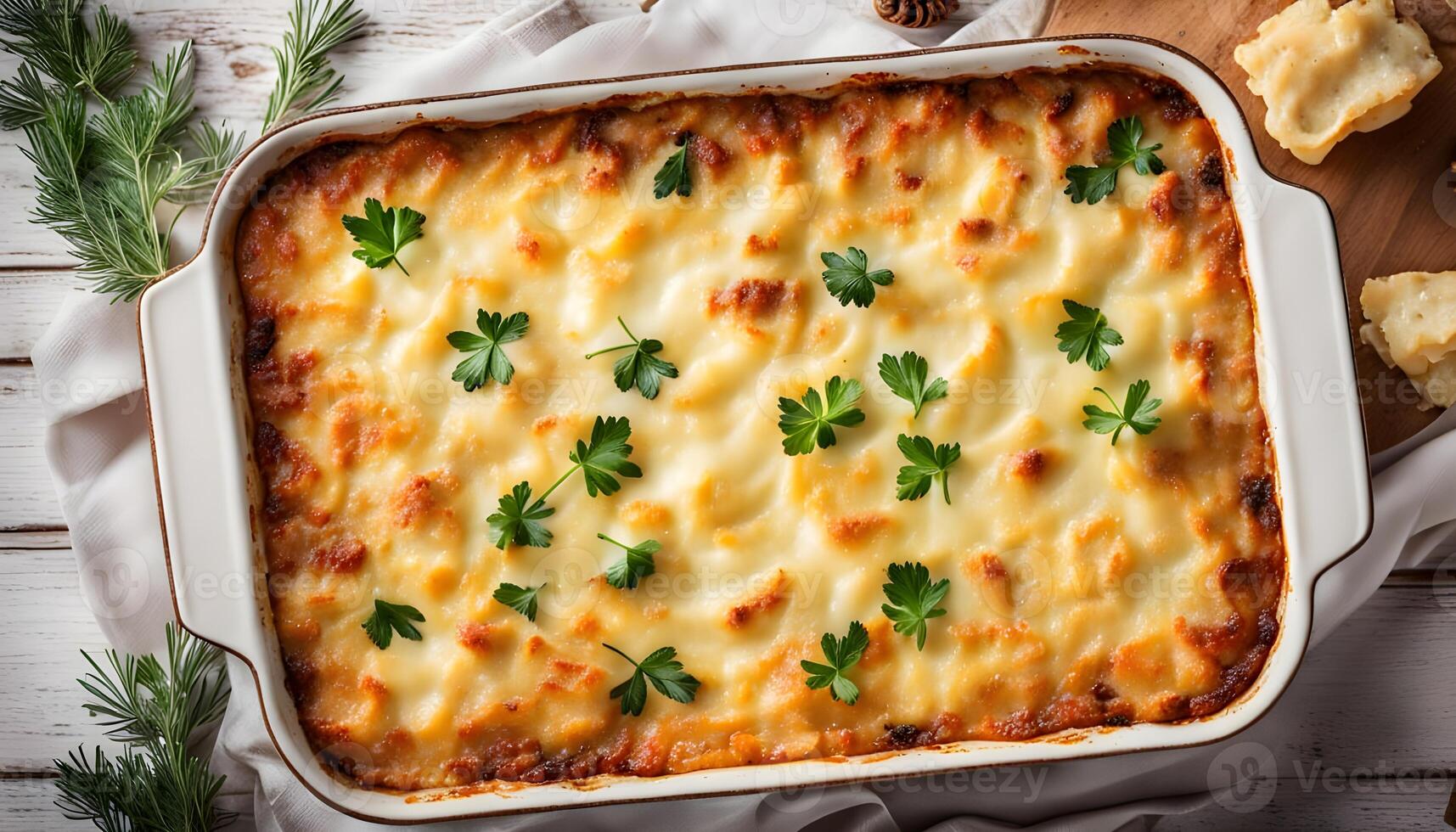Cheesy scalloped potatoes or potato gratin in a baking dish, holiday theme, horizontal, top view, copy space photo