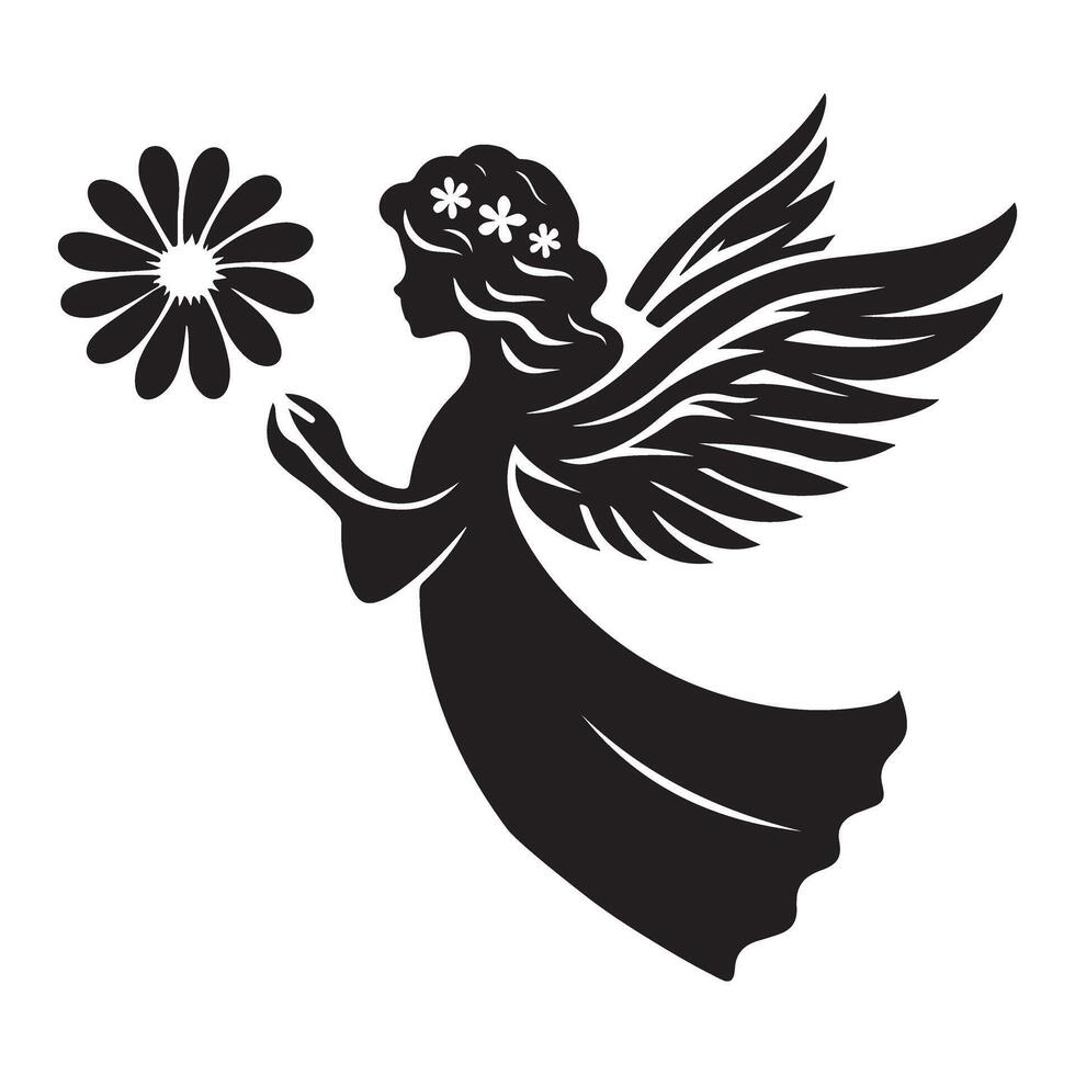 Silhouette angel illustration of a beautiful girl holding flower design vector