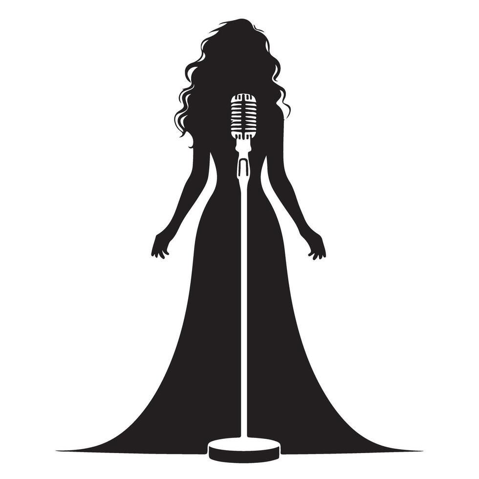 Silhouette of a female singer with vintage microphone illustration vector
