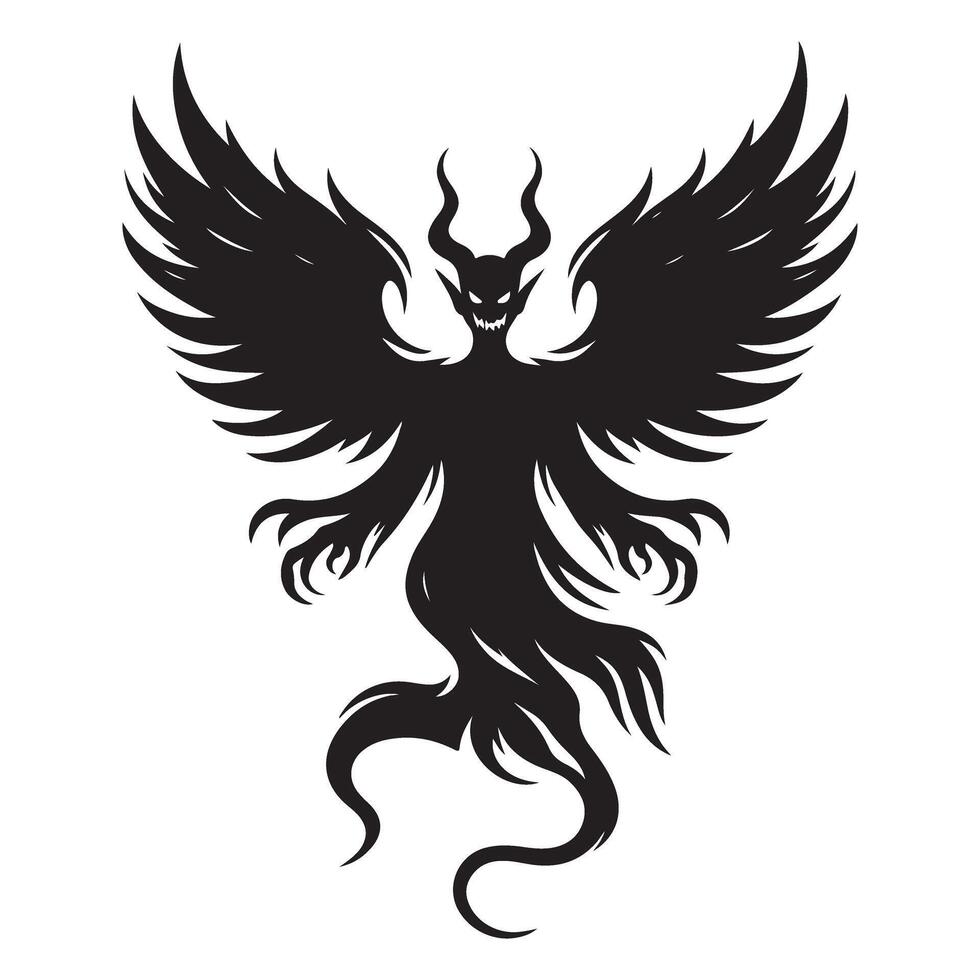 Sinister Demon Silhouette with Wings and Horns Fantasy Creature Illustration vector