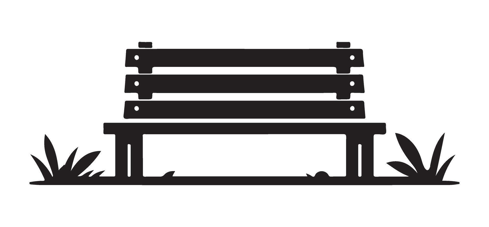 Rustic Wooden Park Bench Silhouette with Grass Decoration vector